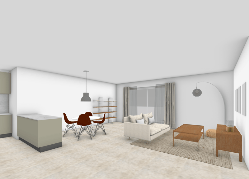 a compact living area with a dining table and chairs, a couch with cushions, a wooden coffee table, a wooden side table, an arched feature wall, a countertop and shelves, and pendant lights.