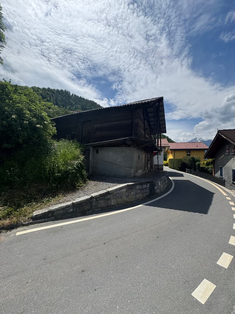 The image shows a rural residential area with a winding road, a wooden building with a garage, and a backdrop of green trees and a cloudy sky.