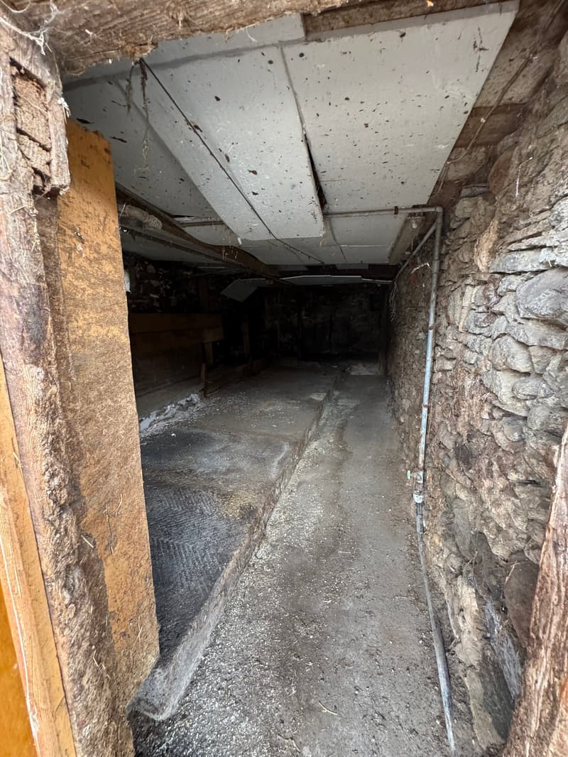 Dimly lit basement with concrete floor, exposed stone walls, and overhead pipes and ducts. The space appears to be a storage or utility area.