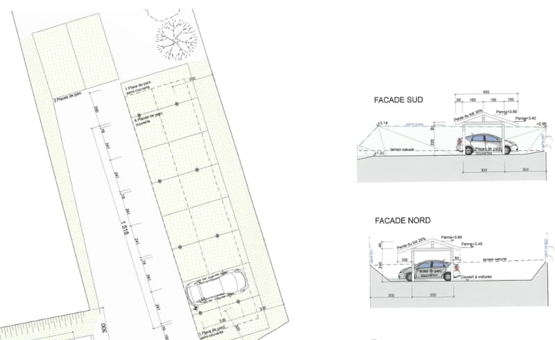 The image shows a floor plan with a rectangular plot of land. The plot has dimensions of 518 meters by 30 meters. There is a garage and a parking place visible on the plot.