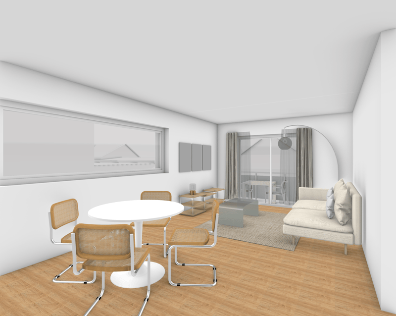 Open-concept living room with a dining area, large windows, hardwood floors, and a balcony or terrace