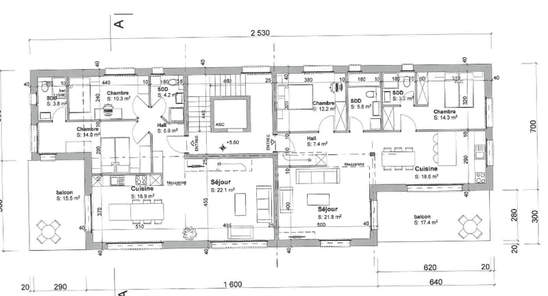 The floor plan shows a 2-bedroom apartment with a living room, kitchen, two bedrooms, two bathrooms, and a balcony.