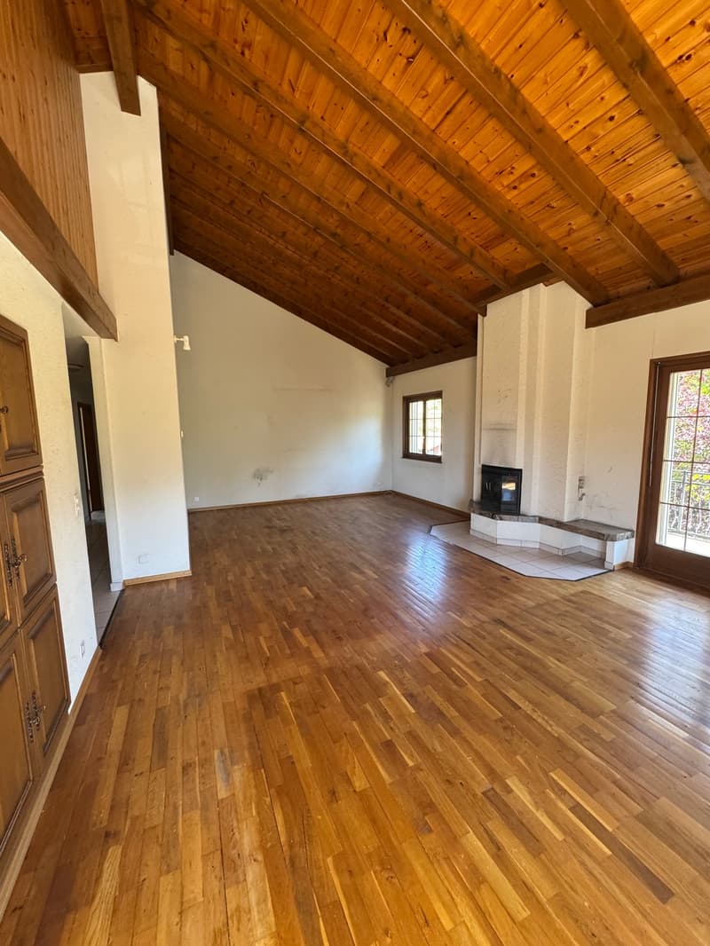 empty room, wooden floor, fireplace on the right, sliding glass door on the right, windows, high wooden ceiling
