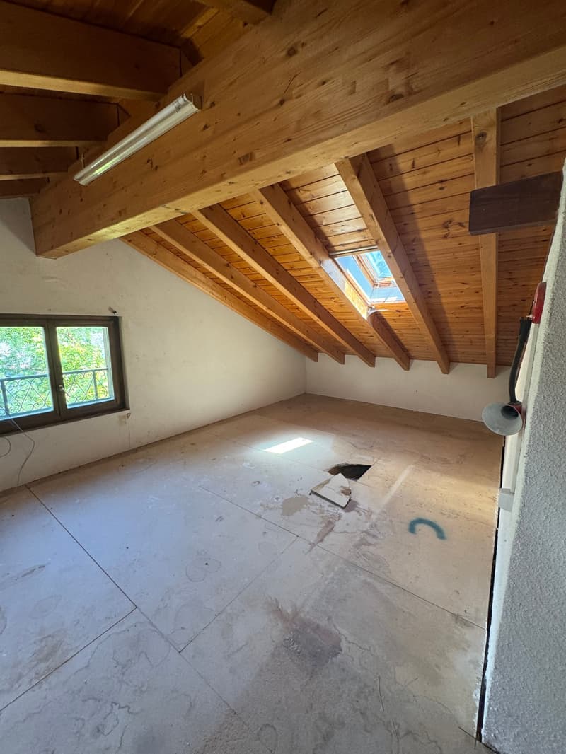 large attic room, wooden beams, skylight, large window, balcony, white walls, bare room