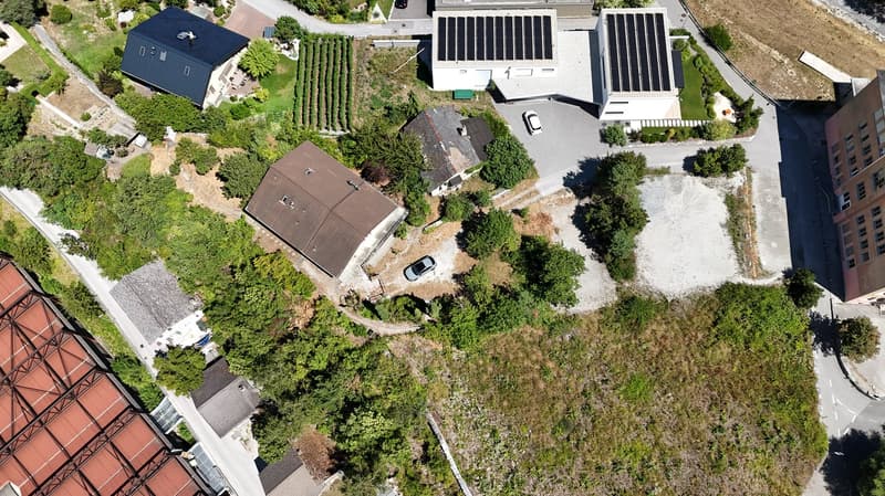 Aerial view of several residential properties with distinct architectural styles, each situated on various plots of land, surrounded by trees and greenery.