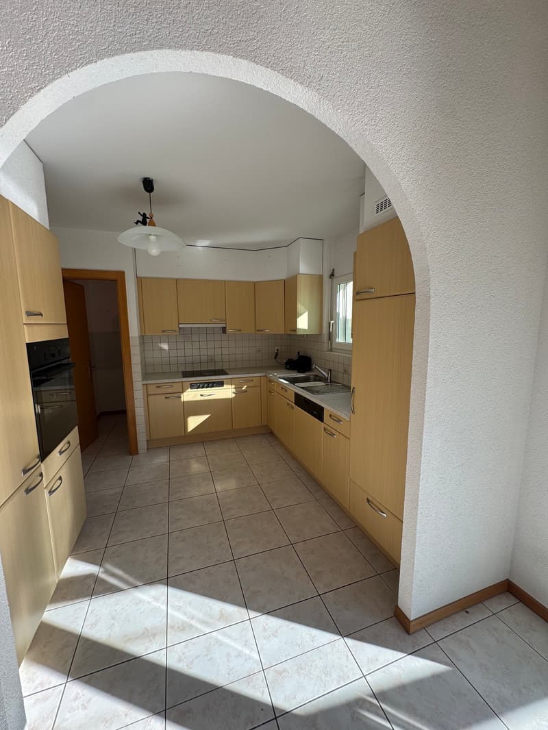 wooden cabinets, tile floor, stainless steel appliances, open window, built-in oven, dishwasher