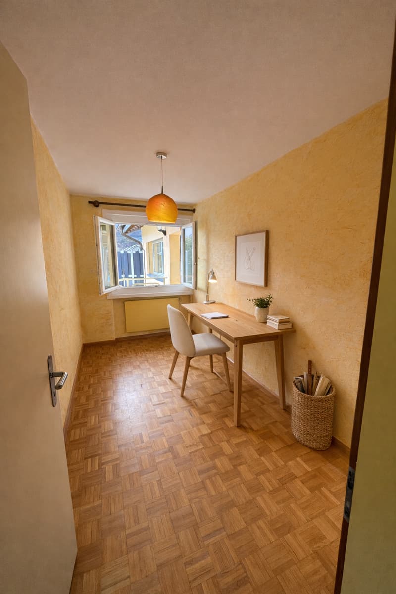 yellow walls, parquet flooring, desk with books, white chair, radiator, window, lamp, picture frame, plant
