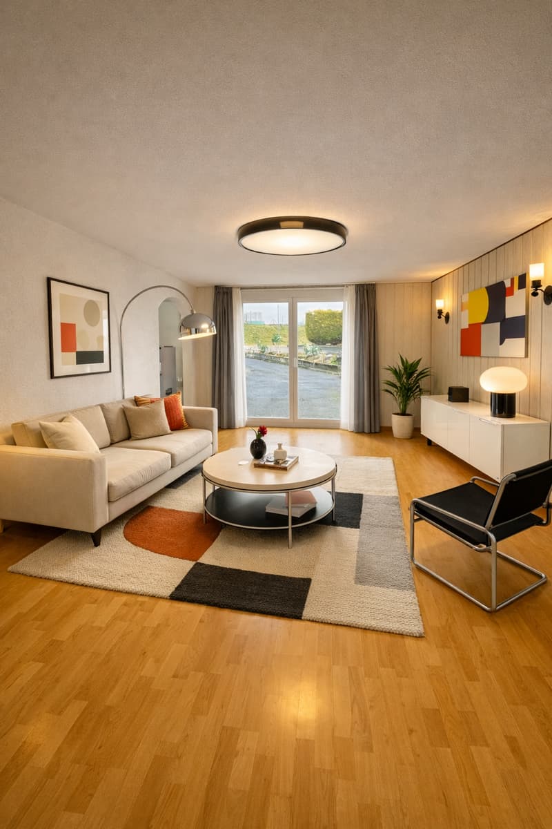 modern living room, beige couch, round coffee table, rug, wall mounted lighting