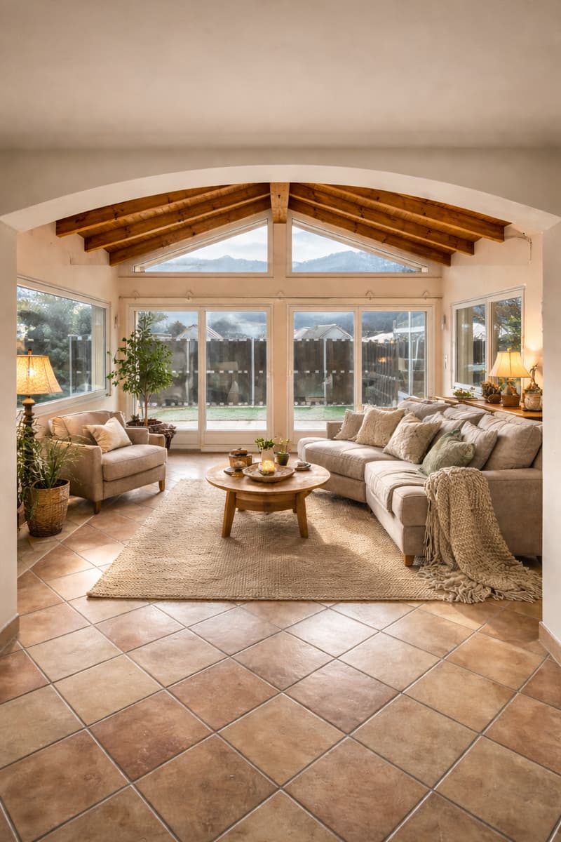 wooden ceiling, large windows, beige tiled floor, two armchairs, central couch, coffee table, center rug, warm lamp