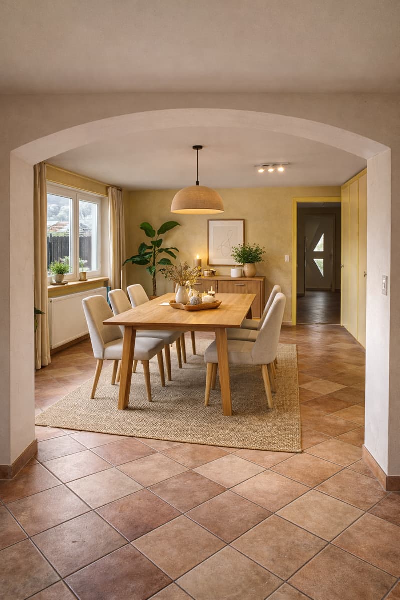 Wooden dining table, white chairs, beige carpet, yellow walls, windows, decorative items on the table, plants
