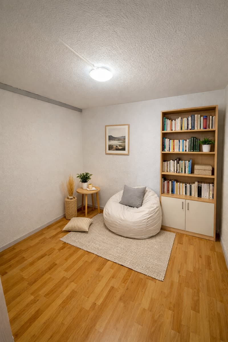 Living Room: bean bag chair, rug, bookshelf, picture frame, small table with plant, wall