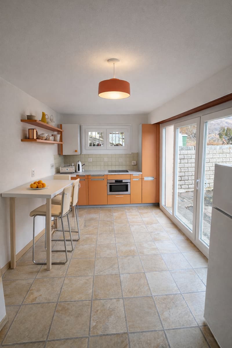 orange cabinets, white tiles, open sliding door leading to a patio