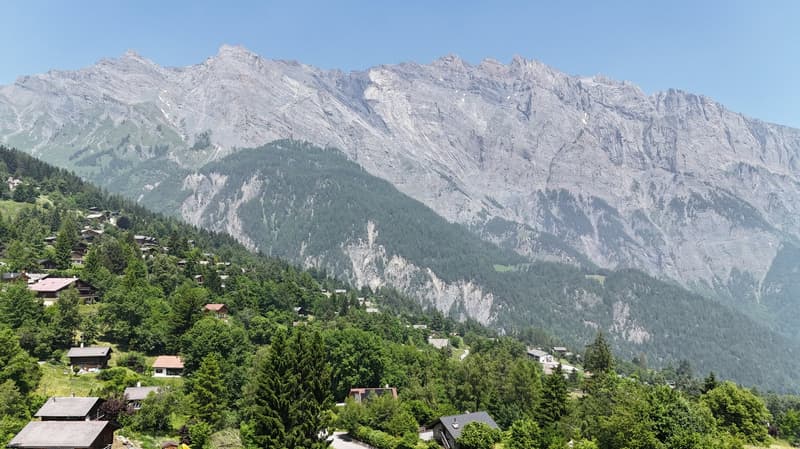 The image shows a picturesque mountain landscape with snow-capped peaks and lush green forests in the foreground. The town or village nestled in the valley below adds to the scenic beauty of the scene. The view is expansive and showcases the grandeur of t