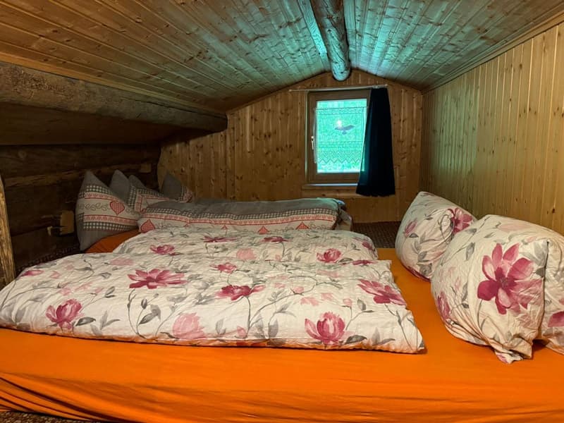 Cozy wooden bedroom with floral bedding, pillows, and a window overlooking the outdoors. The room has a rustic, cabin-like feel with the wooden walls and ceiling.