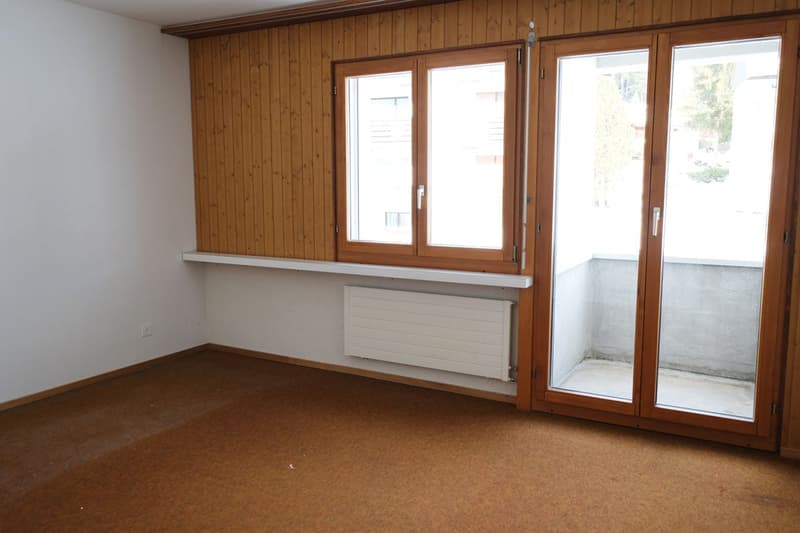 brown floor, white walls, wooden paneling, double-pane windows, sliding glass doors, radiator, empty balcony