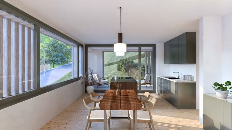 modern dining area with wooden table, natural light, large windows