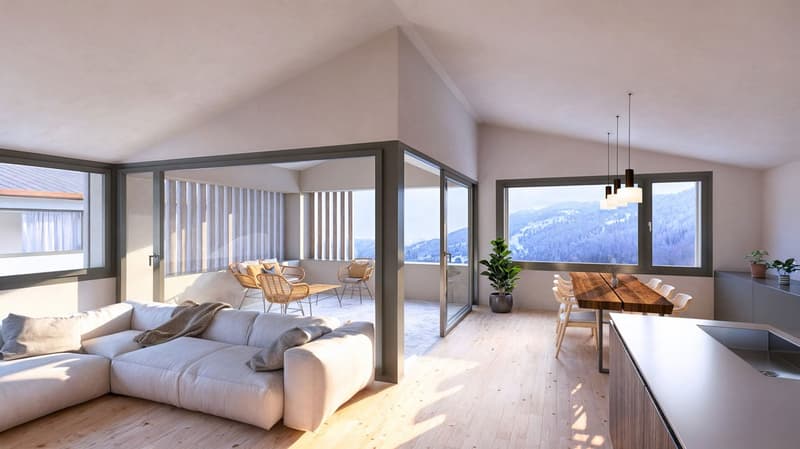 modern open plan living/dining area with sofa, dining table, large glass doors to balcony with seating, windows overlooking mountains