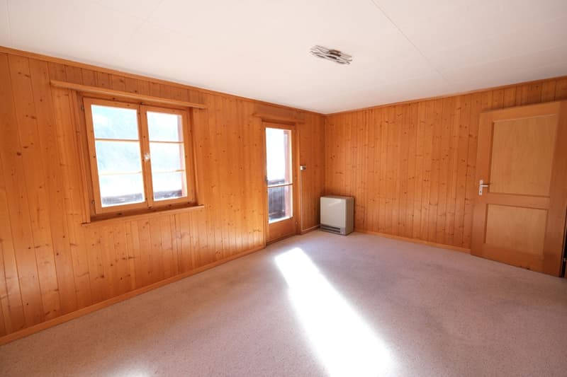 empty room, wooden walls, windows, white ceiling, white floor