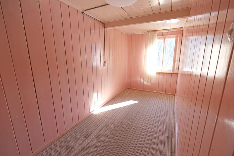 empty room with pink wooden walls, carpeted floor, window with white curtains