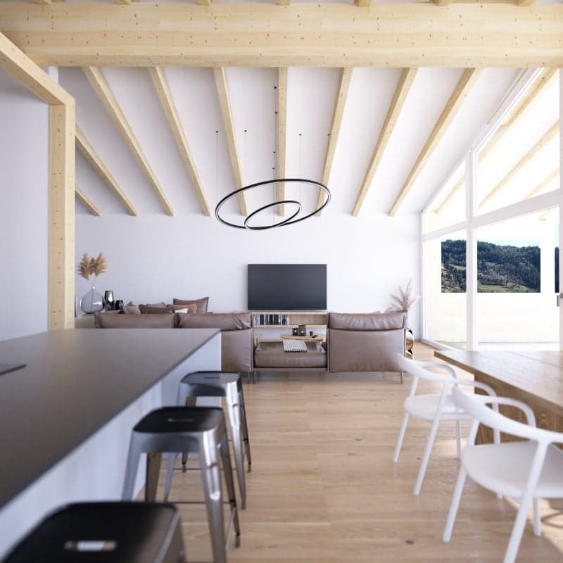 Open-plan living room and kitchen, wooden floor, white walls, large windows, modern furniture, flat-screen TV, dining table, stools, view of the mountains