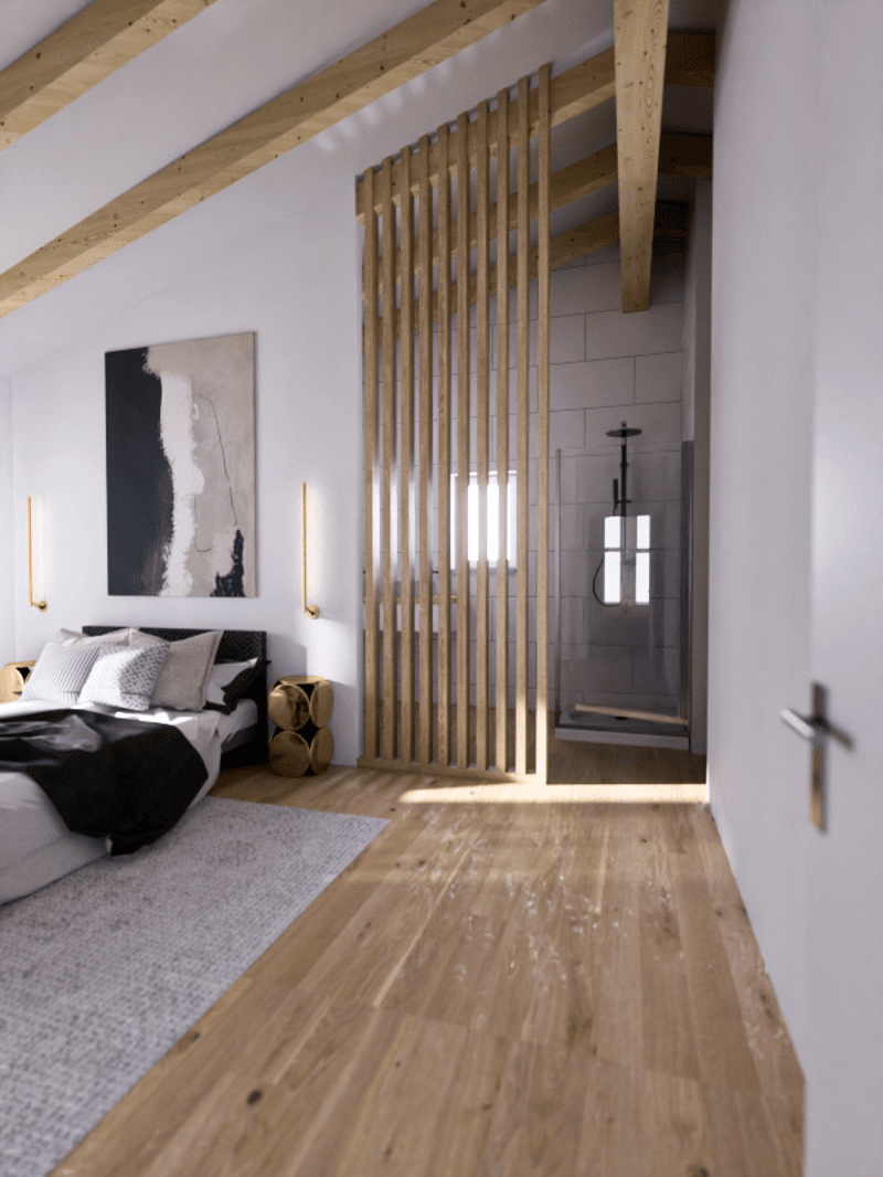 Bedroom with bed, rug, wooden floor, wooden wall, painting, lamp, and glass shower