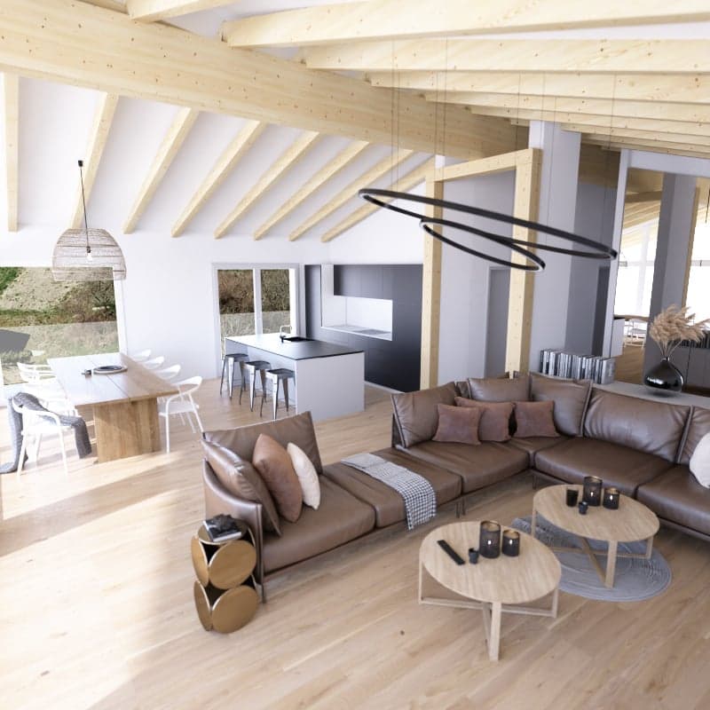open plan living room, wooden floor, wooden beams, large windows, dining table, sofa, coffee tables, kitchen island, bar stools