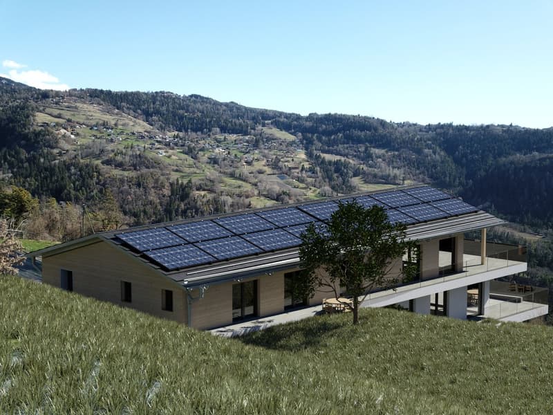 Modern house with solar panels on the roof, wooden exterior, large windows, balcony, surrounded by a grassy field with a view of the mountains