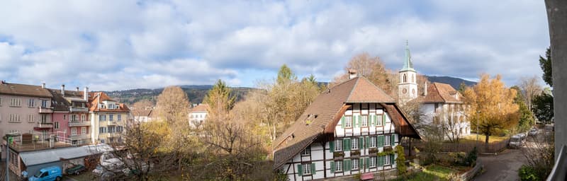 Town house with steep roof, green shutters, traditional architecture with mountains in the background