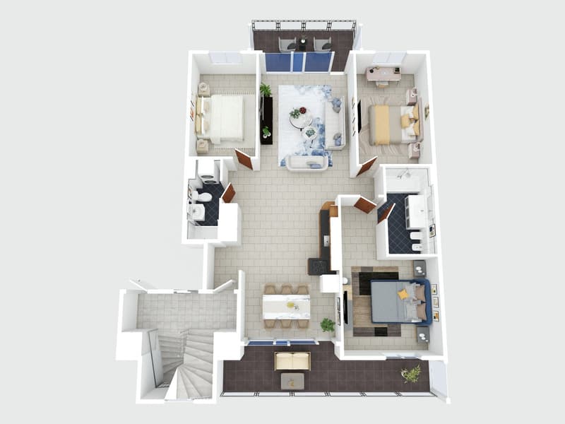 living room, kitchen, 2 bedrooms, 2 bathrooms, balcony, staircase