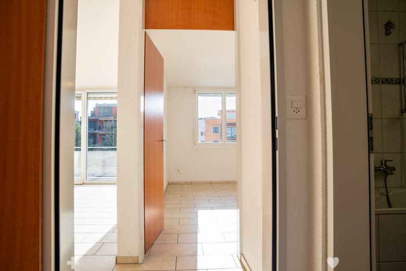 Entryway leading to a bedroom, corridor, bathroom with shower, and balcony.