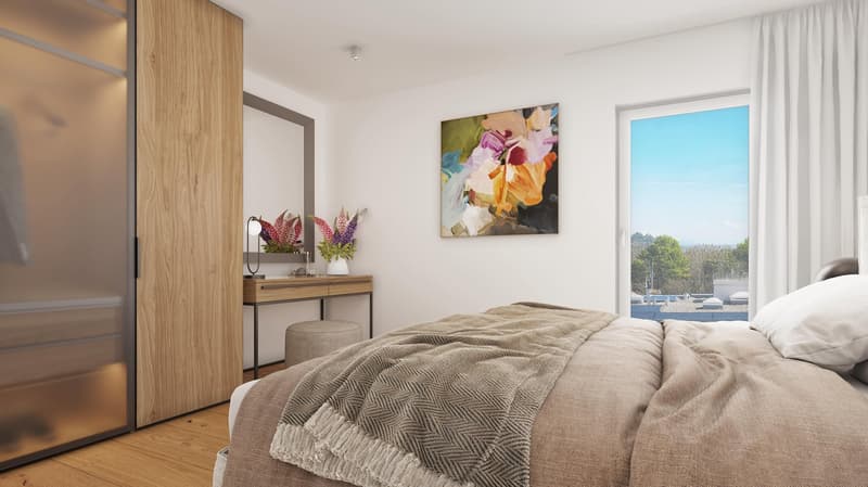 Bed, blanket, pillows, decorative objects, desk, flowers, mirror, painting, glass window