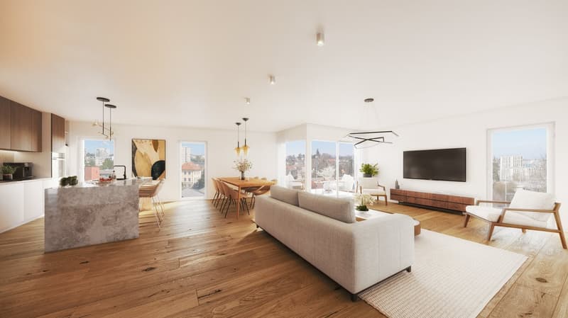 large living room, wooden flooring, dining table, white couch, marble counter, white rug, flat screen TV, coffee table, white and wooden furniture