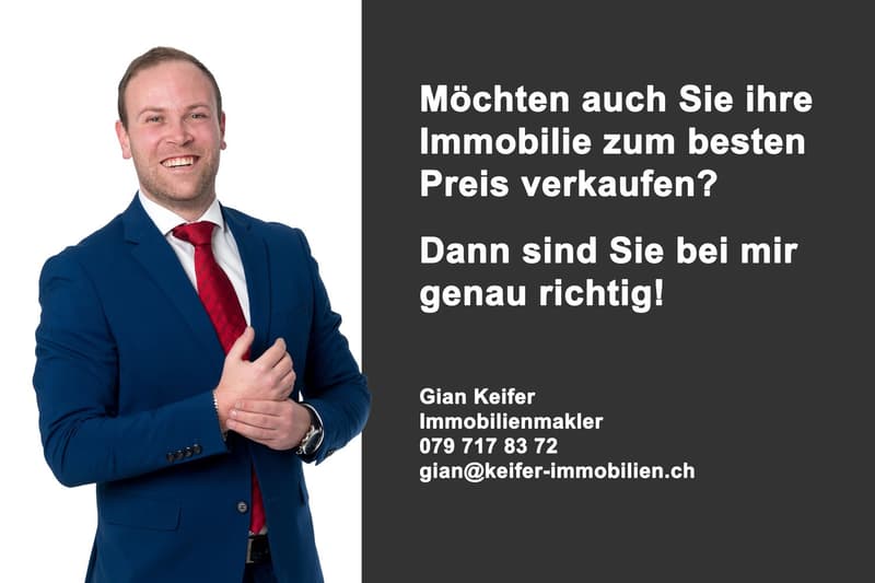 A man in a blue suit and red tie is smiling and posing for a photo. The text reads, 'Möchten auch Sie ihre Immobilie zum besten Preis verkaufen? Dann sind Sie bei mir genau richtig! Gian Keifer Immobilienmakler 079 717 83 72 gian@keifer-immobilien.ch'