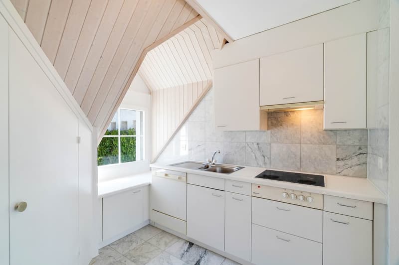 modern kitchen with white cabinets, marble countertop, stainless steel sink, electric stove, dishwasher, window with view