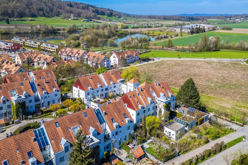 Aerial view of a residential area with multiple houses, some with red roofs, surrounded by greenery and a river.