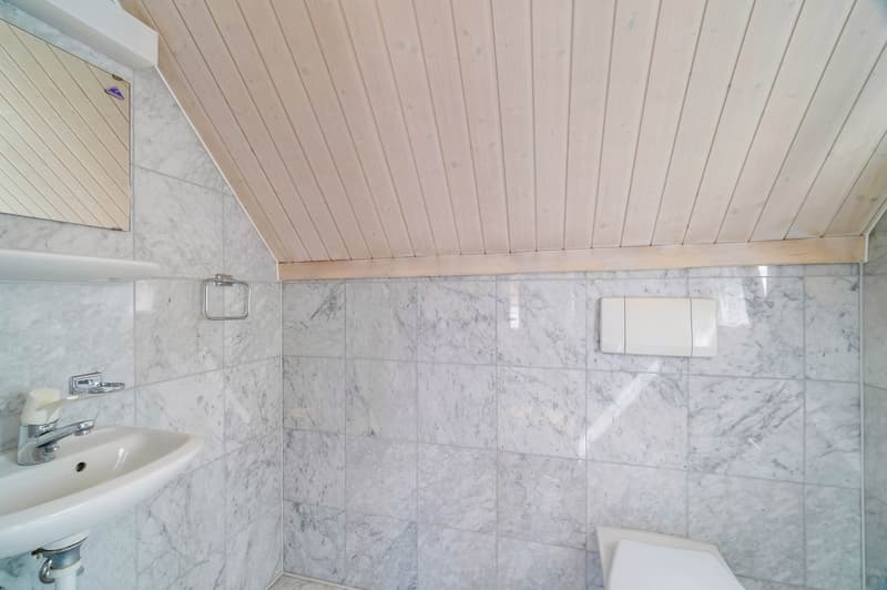 white marble tiles, wooden ceiling, white sink, white toilet, mirror