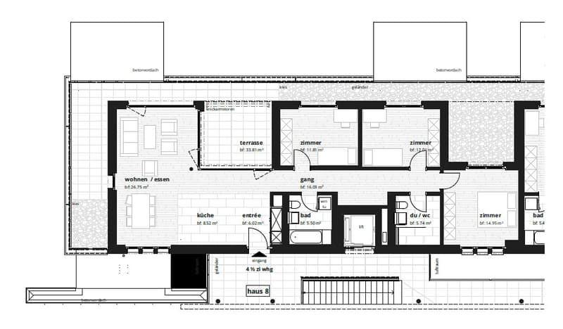 Living room, kitchen, 3 bedrooms, 2 bathrooms, terrace, entrance, hallway