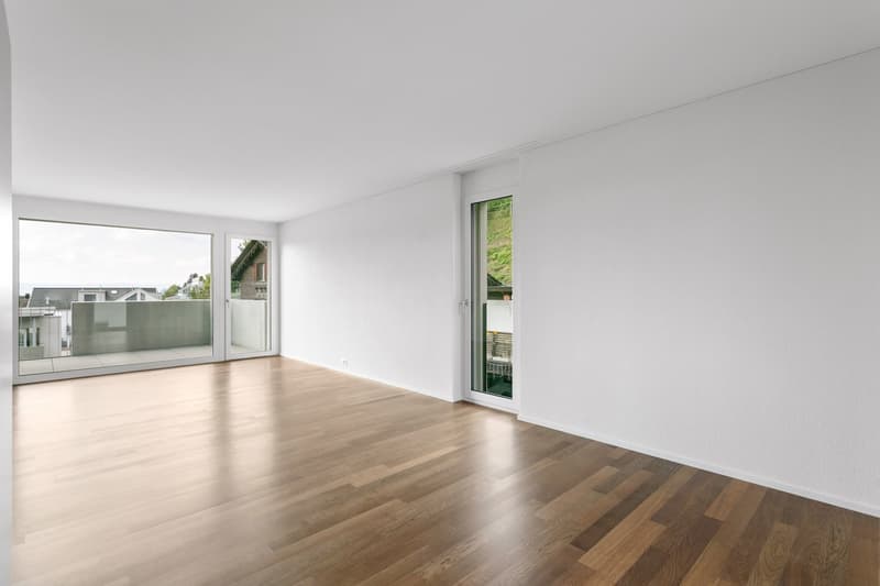Empty room, white walls, wooden floors, large glass doors leading to balcony with railings, views of a house and a grassy hill
