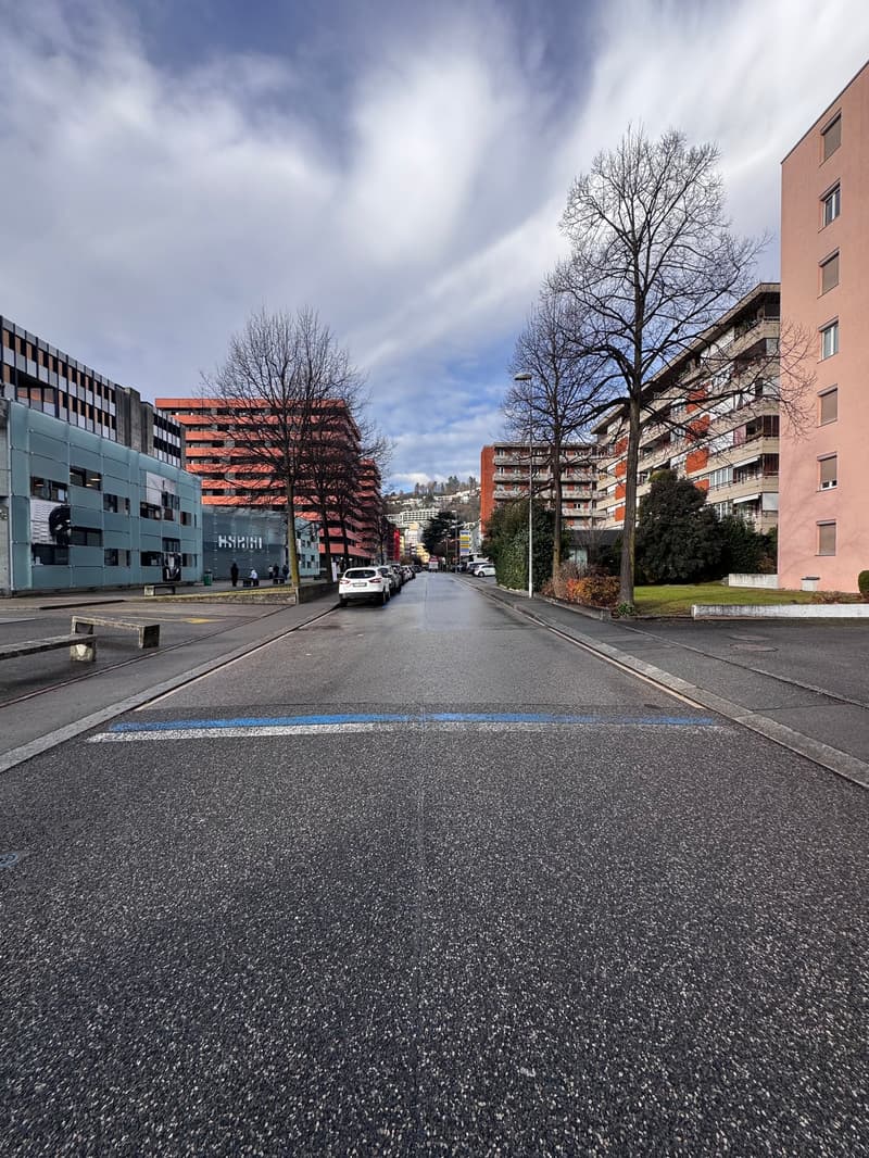Empty road with a tram track, a bench on the left side, some trees and parked cars in the middle, and a large building on the right side