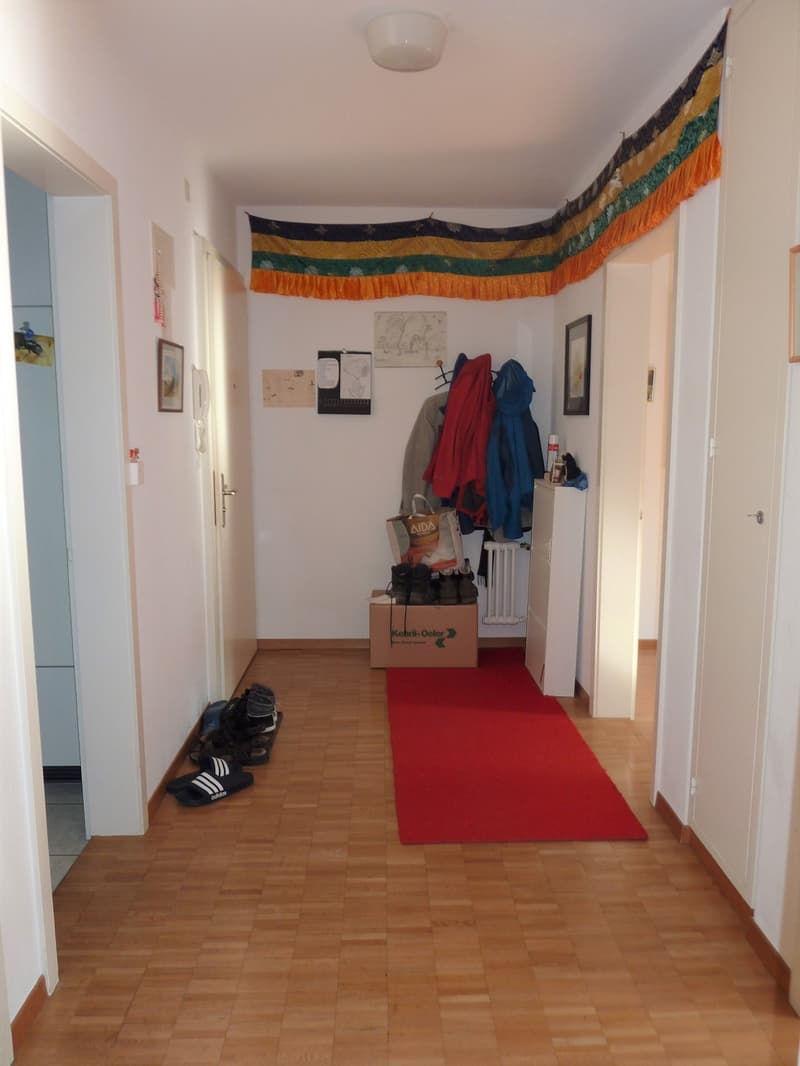 Wooden floor, white walls, red carpet, storage box, shoes, clothes, picture frames, radiator