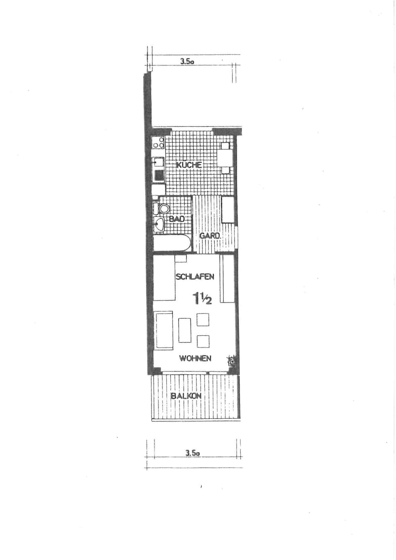 kitchen, bathroom, 1.5 bedroom, living room, balcony