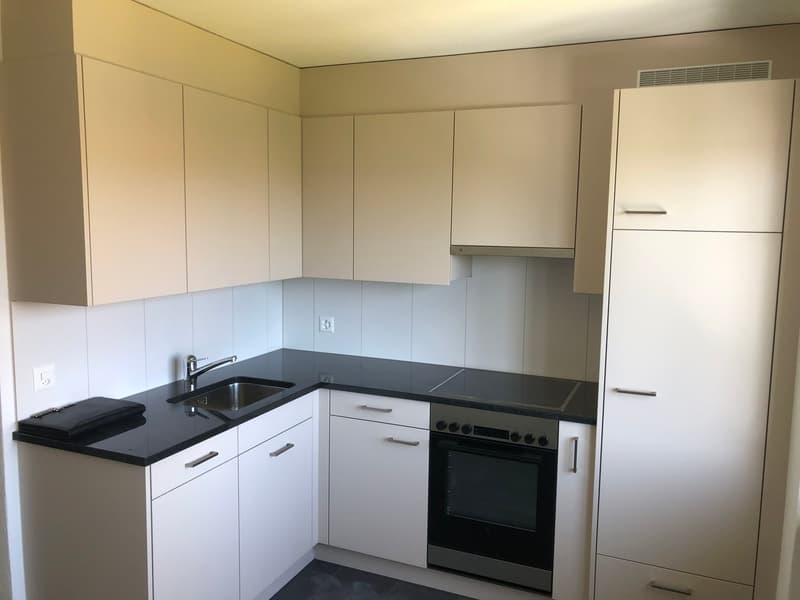 modern kitchen with white cabinets, black countertops, stainless steel sink, oven, and dishwasher