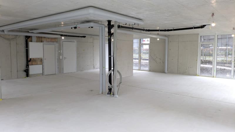 Empty room, concrete walls, white ceiling, white floor, doors, windows, pipes, electrical wires.