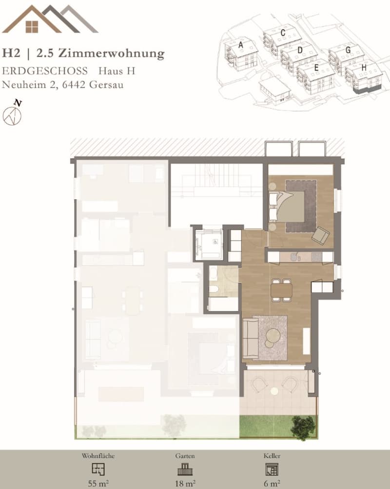Bright, new luxurious 2½ room apartment (H2) on the ground floor with large seating area (13)