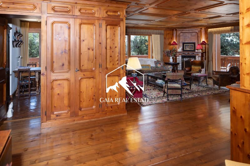 Large living area with wooden floor, large windows, fireplace, balcony, furniture, wooden doors, tables, lamps, picture frames, picture on wall, dining table, chair
