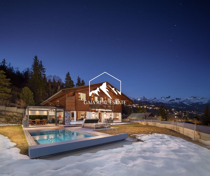 wooden chalet, swimming pool, balcony, mountain view
