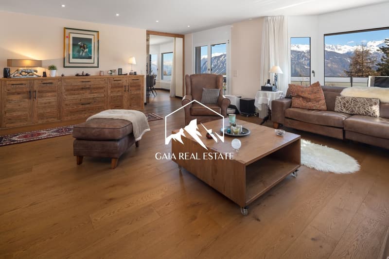 living room with wooden floor, large windows, wooden coffee table, brown sofa, armchair, rug, wooden cabinet, lamps, picture frame, mountains view