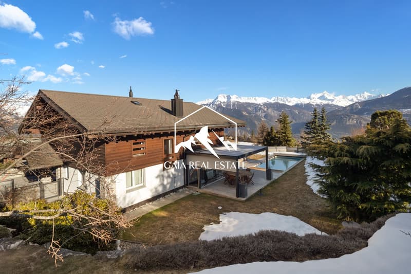 Detached house, wooden exterior, brown roof, swimming pool, snow-covered mountains in the background