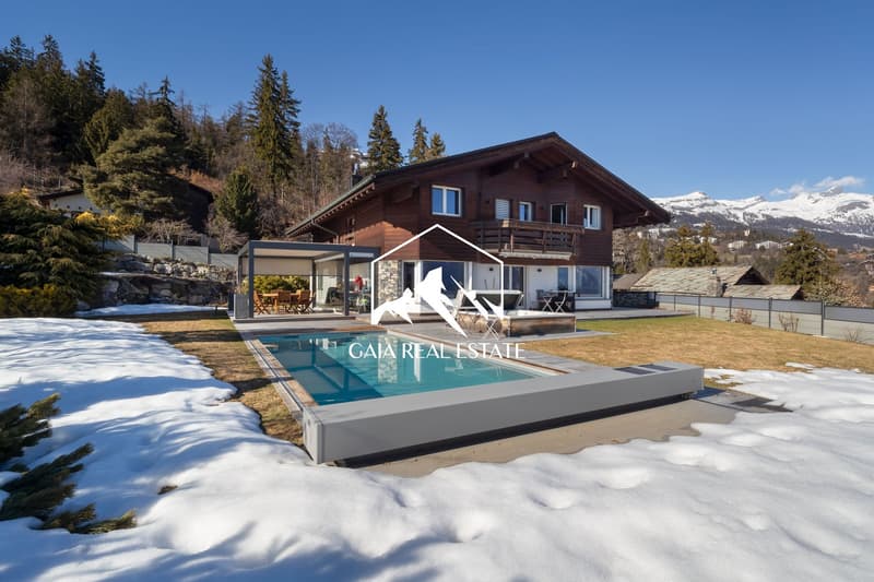 wooden chalet, swimming pool, snow, mountains in the background