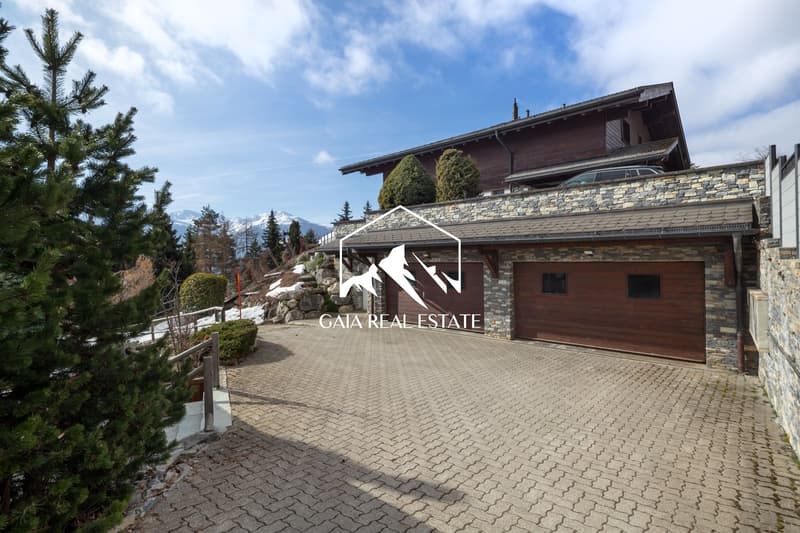 Stone and wood facade, two garages, driveway, trees, mountains in the background